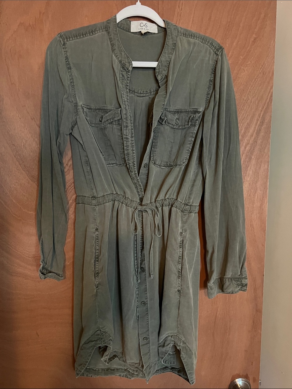 Cloth & Stone Olive Utility Button-Front Drawstring Dress w/ pockets